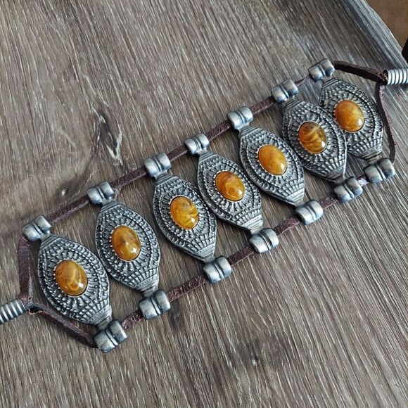 Chico's Vintage Brown Boho Cabochon Studded Belt Size Small/Medium Adjustable - Picture 3 of 6